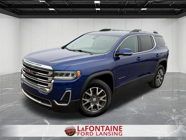 2023 GMC Acadia SLE in Blue Metallic — front three-quarter view
