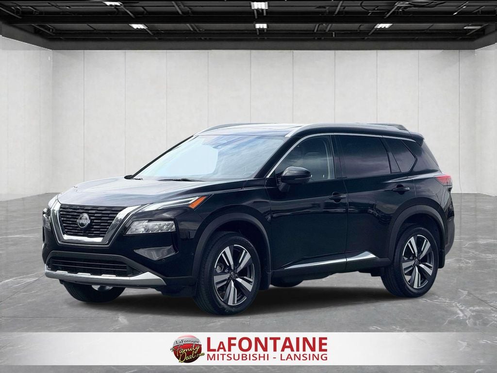 2023 Nissan Rogue Platinum in Super Black — front three-quarter view
