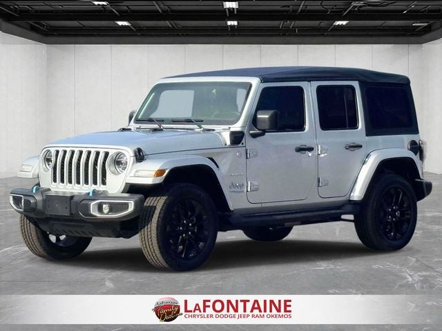 2022 Jeep Wrangler Unlimited Sahara 4xe in Silver — front three-quarter view